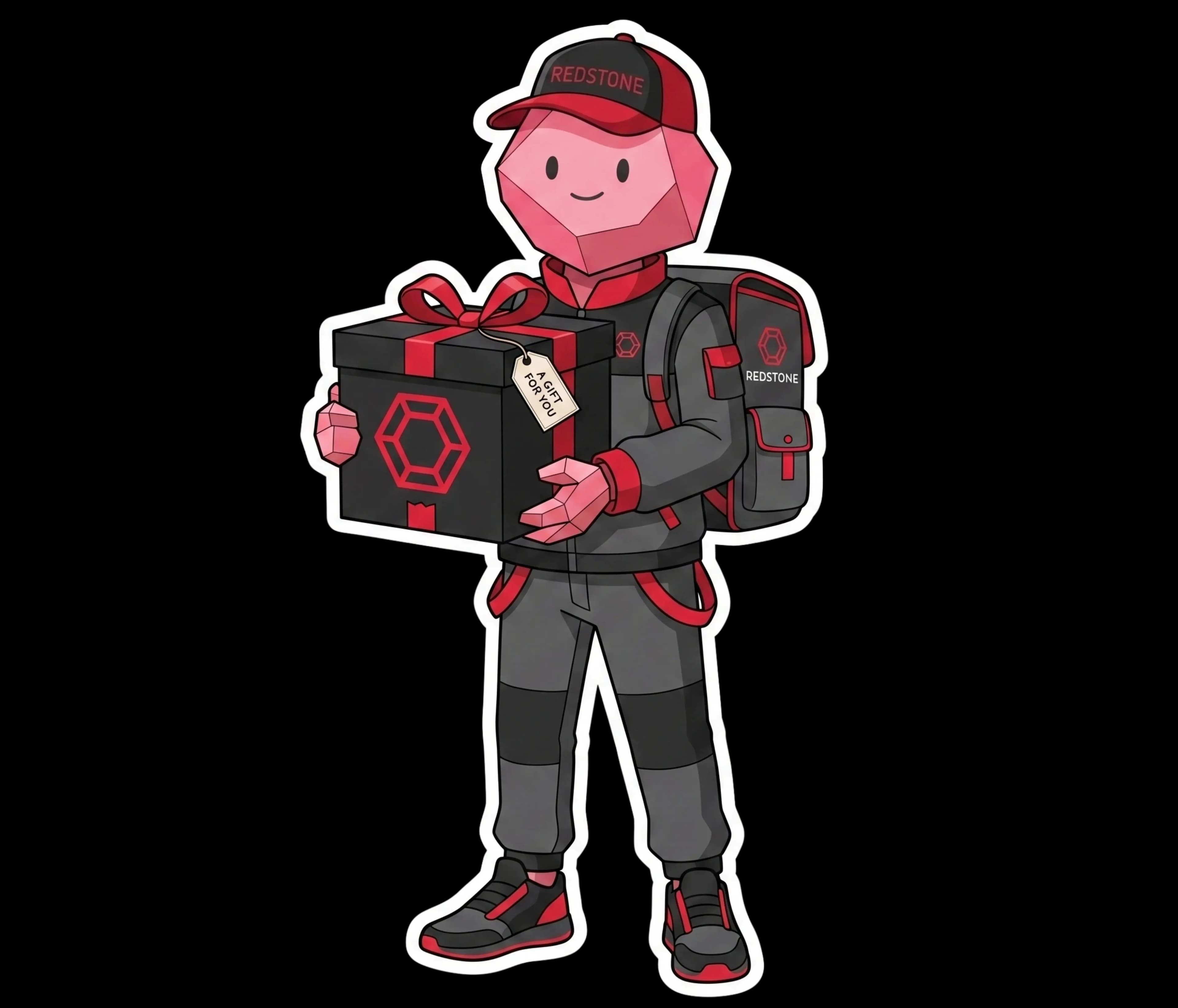 Stoney, the RedStone mascot, carrying a RedStone-branded parcel
